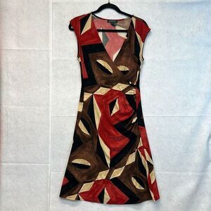 LAUREN RALPH LAUREN Dress Size Medium Red Brown Midi Faux Wrap Ruched Abstract